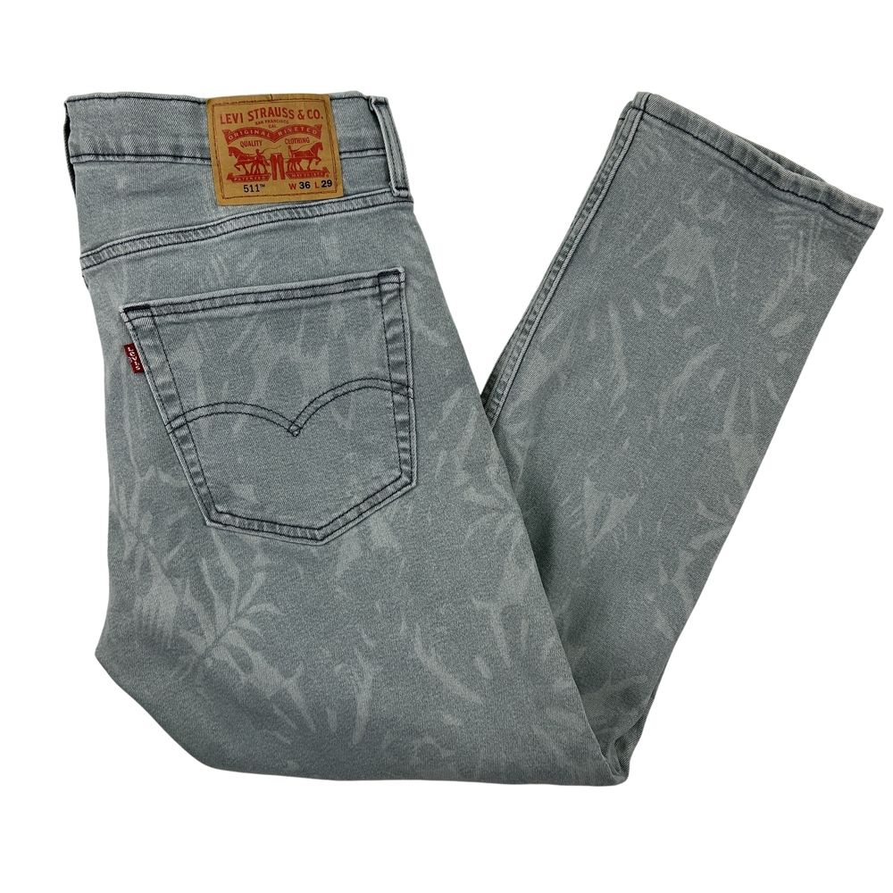 Levis 511 Jeans Mens 36x29 Gray White Leaf Print Slim Fit Stretch Denim Pants